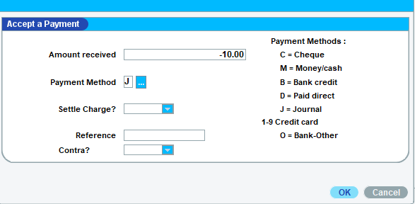 Accept a Payment form with Amount received -10.00 and Payment Method J (Journal)