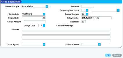 Create a Transaction form filled in as a cancellation, with Original Debt entered as a negative balance and Charge Code 3