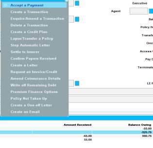 Right-click menu on the main policy's cancellation line, with Accept a Payment highlighted